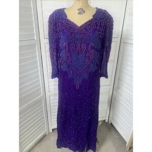 Vintage 80s Purple Sequined Beaded Long Maxi 80s Sheath Dress Silk Sz L/XL